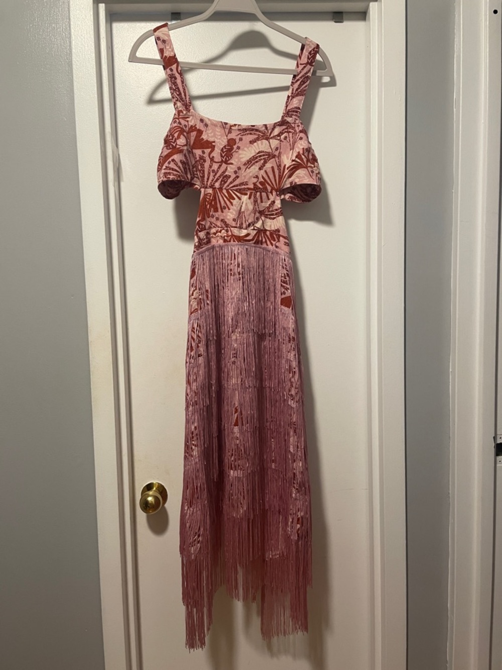 ❤️NWT Anthropologie Linen Pink Tropical Print Fringe Midi Dress - Picture 5 of 7